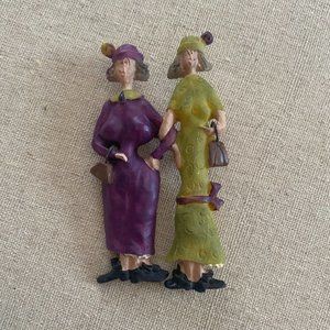 VINTAGE 1990s "Purple Green Shopping BFF Ladies" Large Brooch Pin